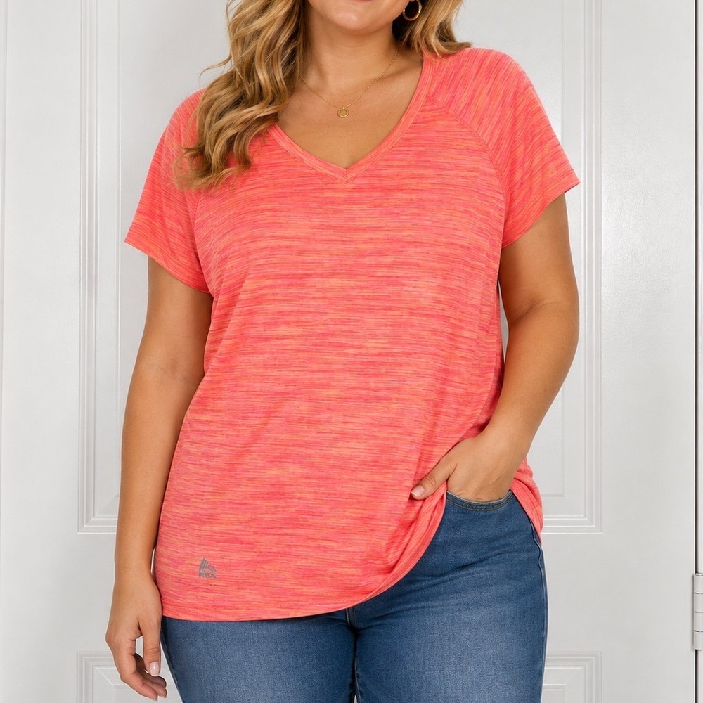 RBX Performance Womens 2X Space Dye V-Neck X-Dri Activewear T-Shirt Coral Orange